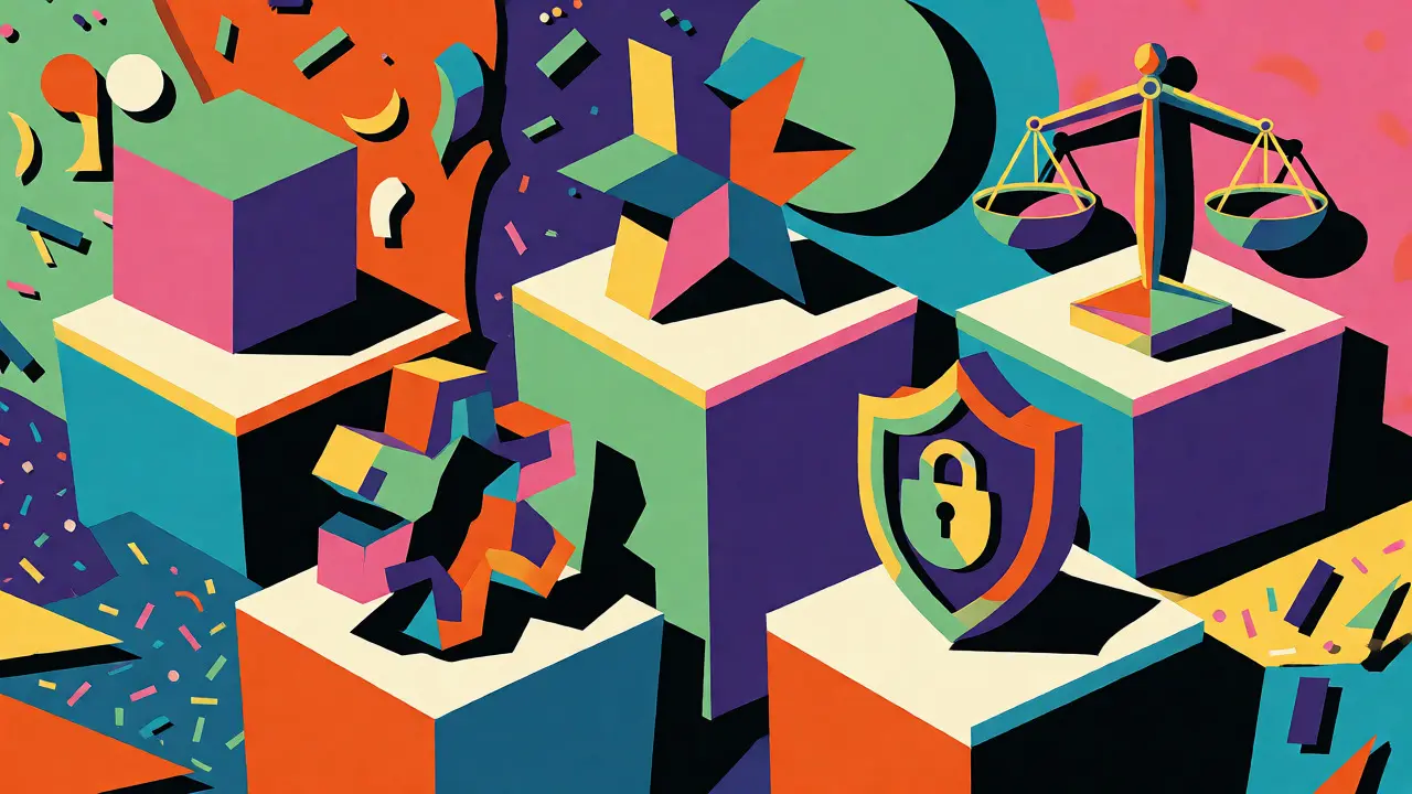 Five abstract geometric shapes representing different crypto asset categories on floating pedestals.