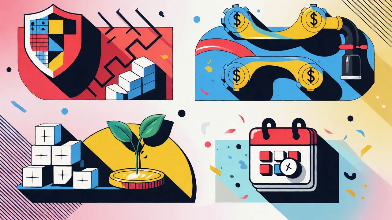 Four colorful Memphis-design panels illustrating treasury strategies like hedging and yield.