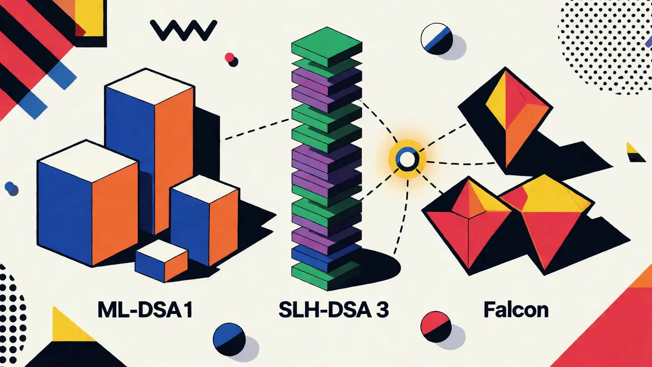 Geometric shapes representing different post-quantum cryptographic algorithms in Memphis style.