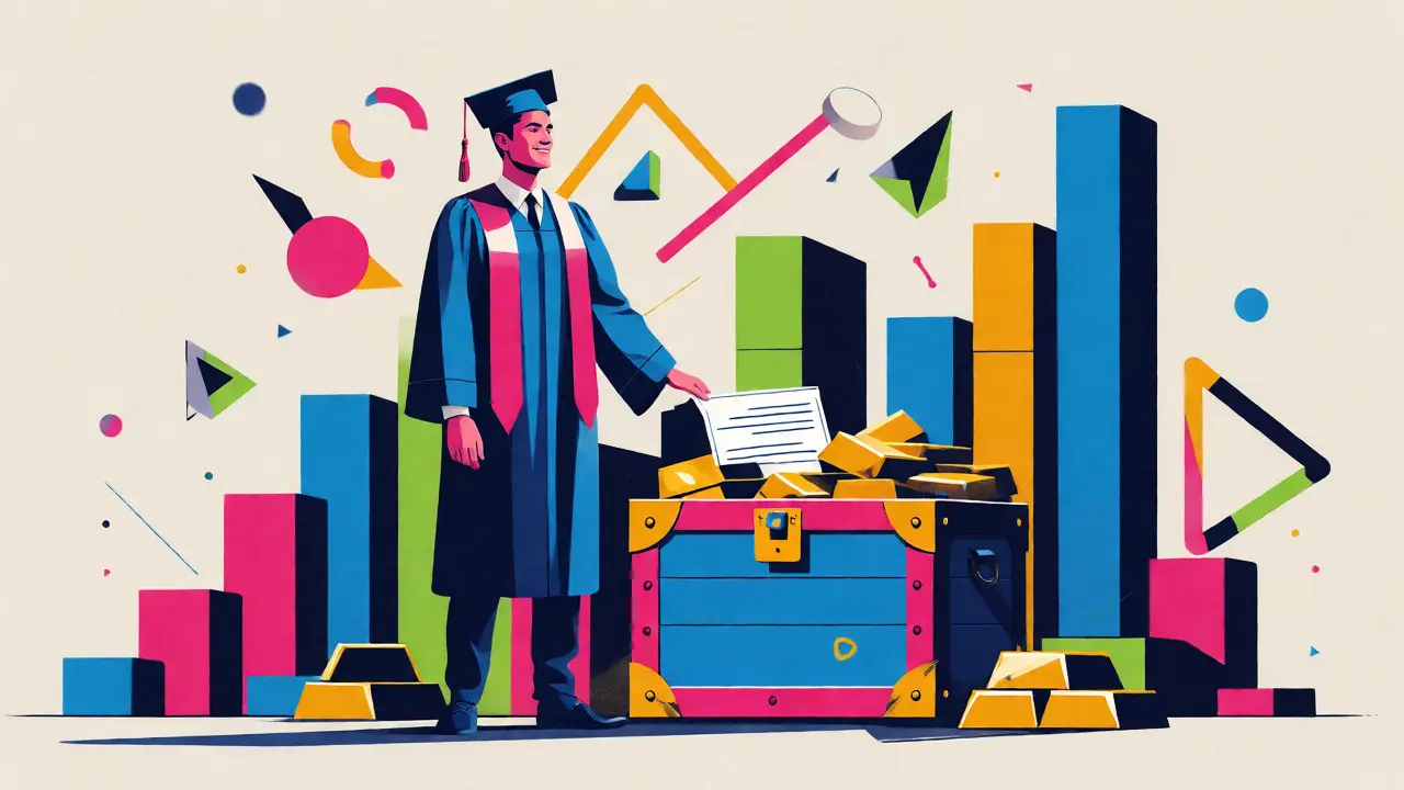 Graduate standing next to treasure chest and rising block charts