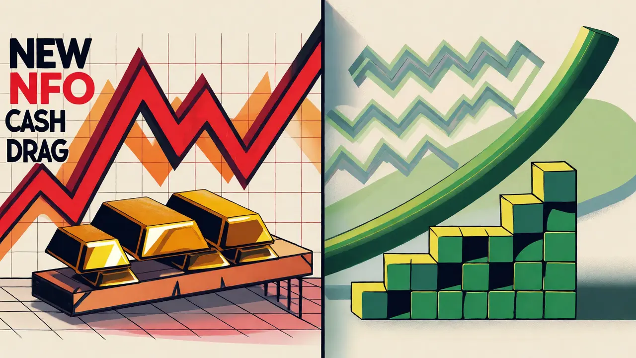 Illustration comparing unstable new fund cash drag with stable existing fund growth.