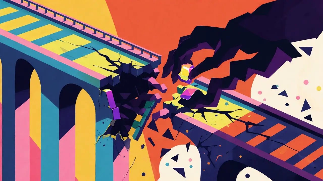 Illustration of a cracked geometric bridge losing gems to dark thief shapes.