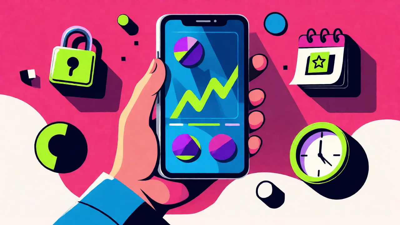Illustration of an investor checking a Demat app with floating financial icons
