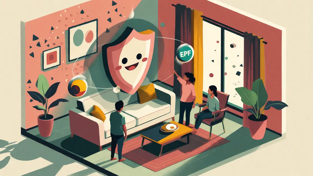Isometric cartoon of a family protected by floating financial shields and orbiting investment orbs.
