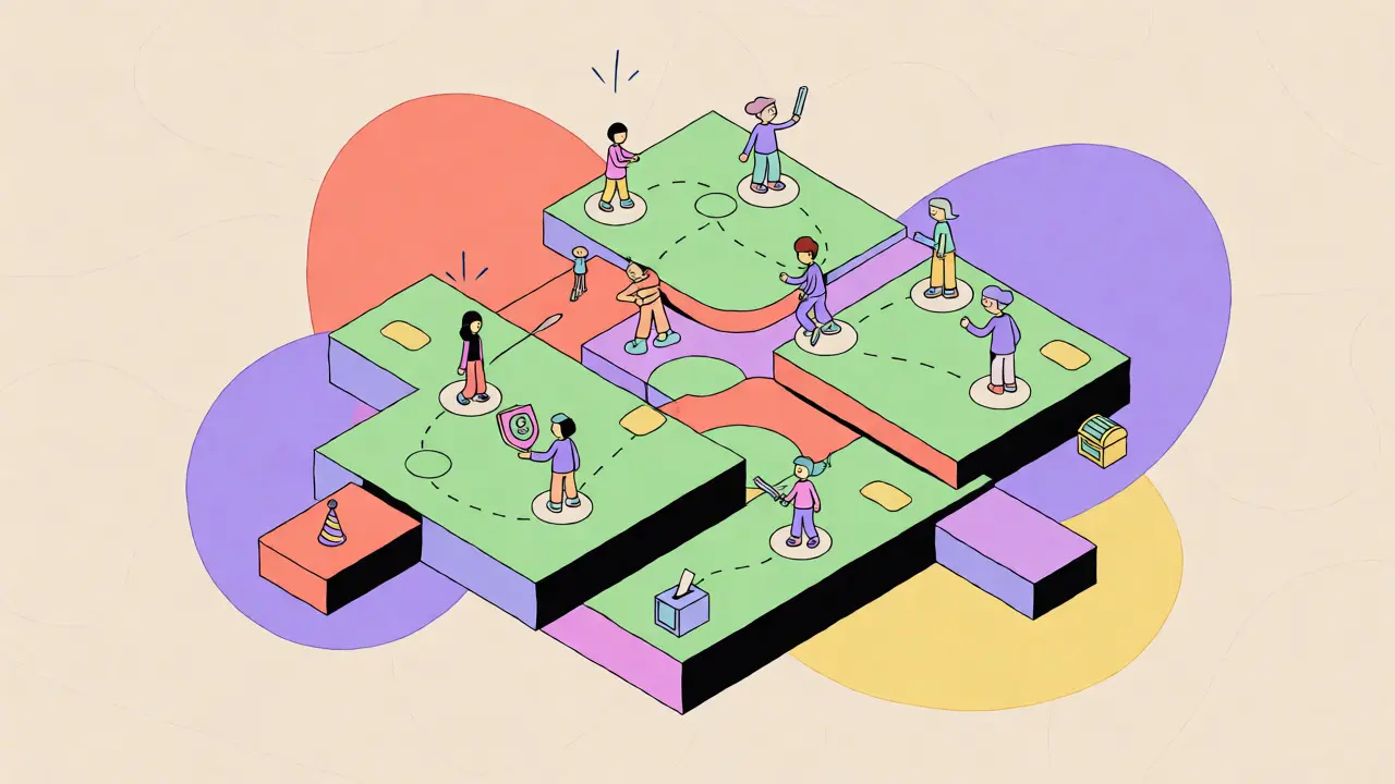Isometric Memphis design showing a Web3 membership community with avatars and tokens.