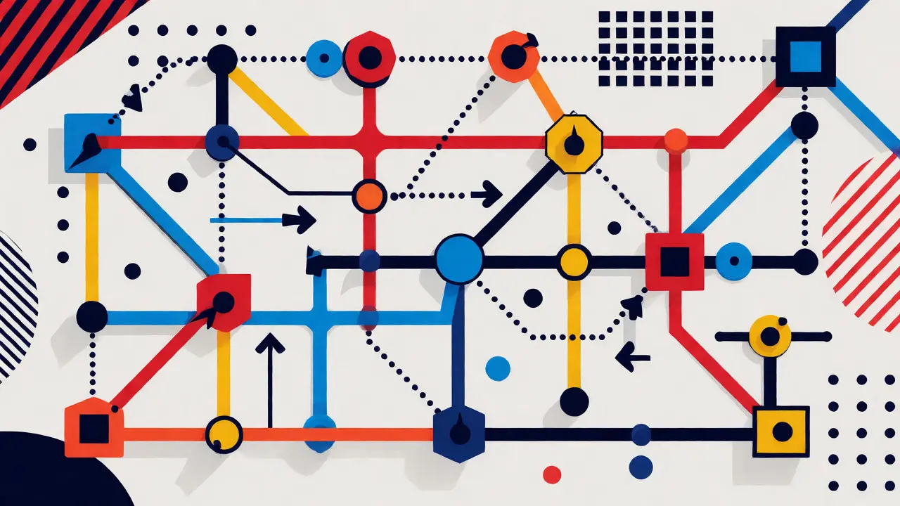 Network map of connected geometric nodes showing multi-hop payment routing.