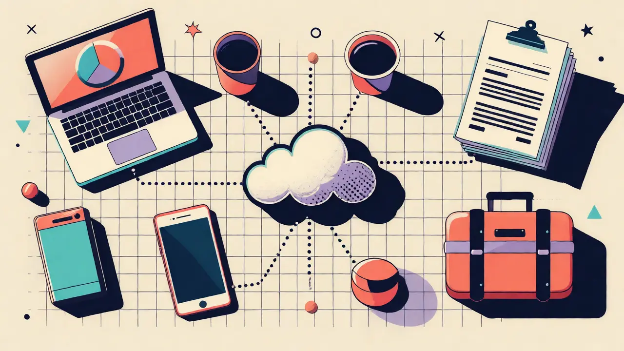 Overhead Memphis illustration of business expenses on a freelancer's desk