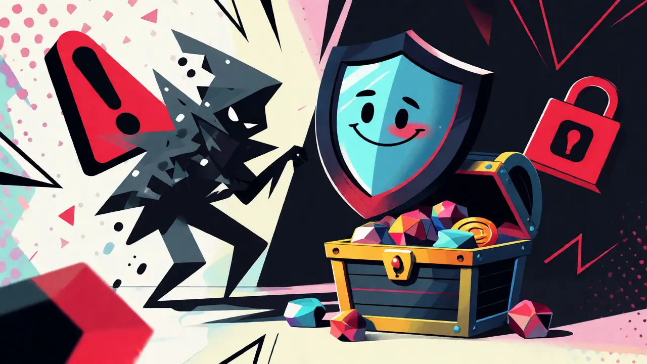 Shield character guarding treasure from shadowy scammer figures