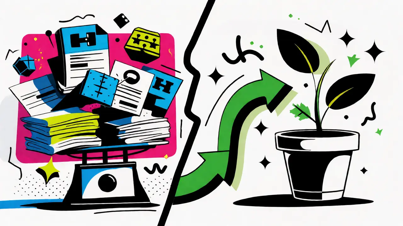 Split screen cartoon comparing messy financial habits with a clear, efficient path to savings.