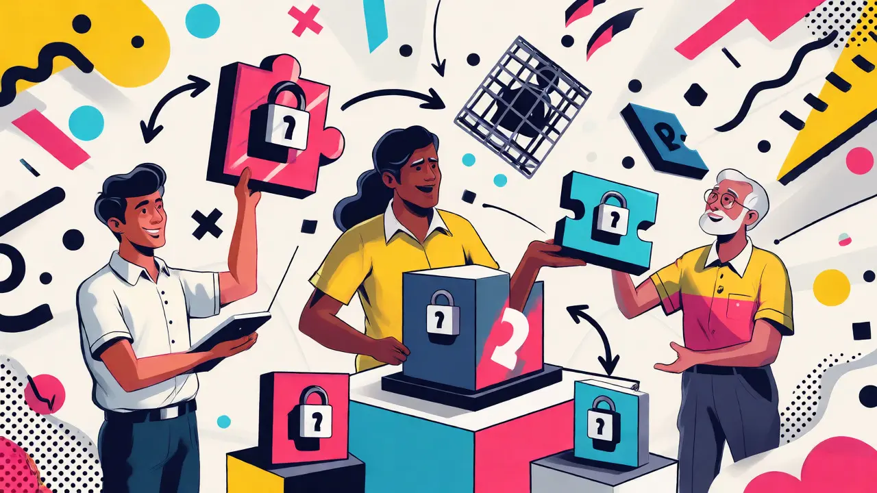 Stylized characters navigating tax regime choices with lock-in and liquidity metaphors.