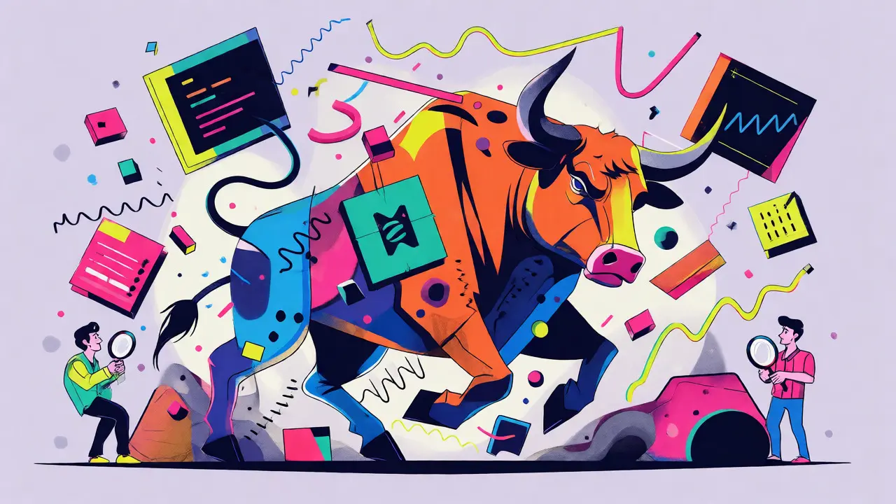 Stylized geometric bull surrounded by floating shapes representing Indian market volatility and ETF spreads.