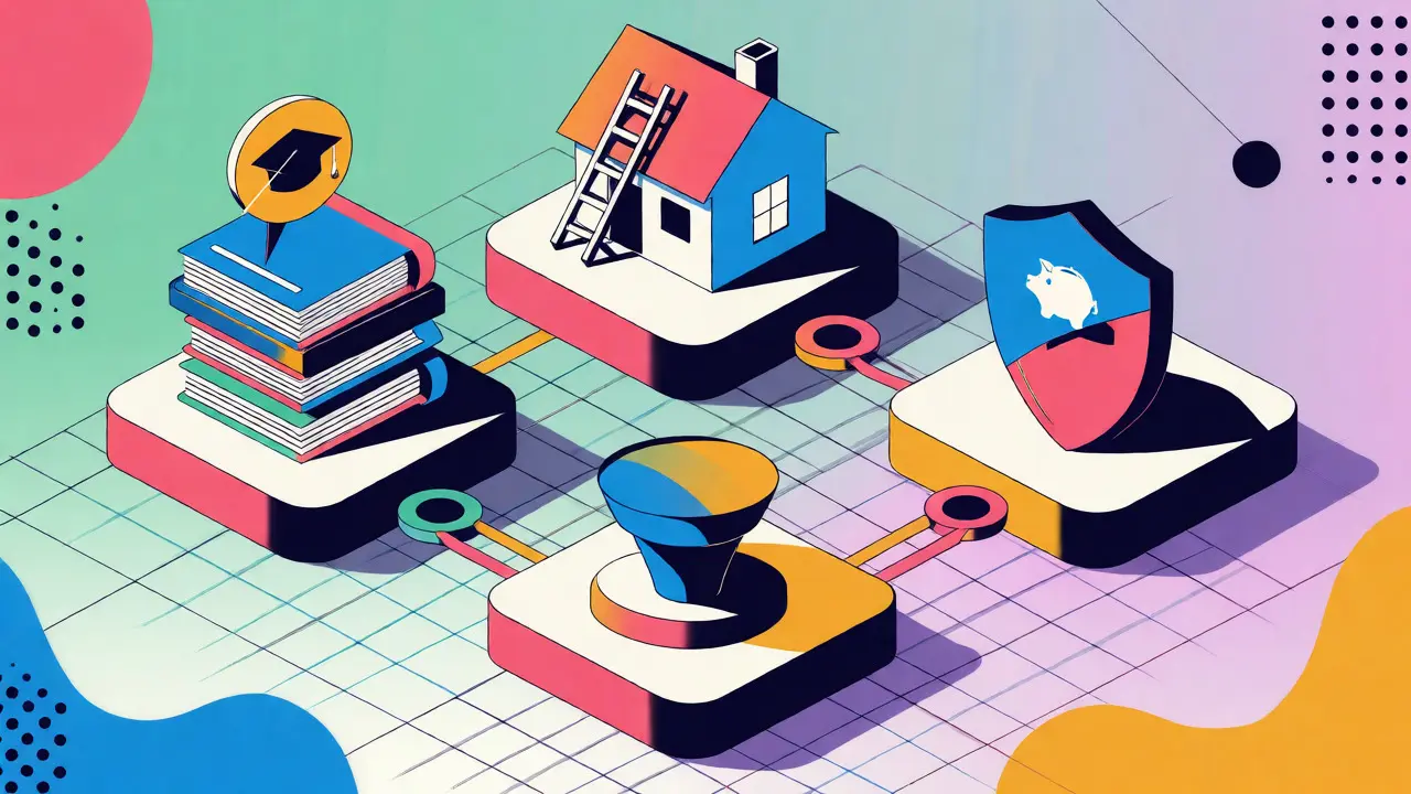 Stylized graphic of eligible NRI investments like tuition, home loans, and insurance