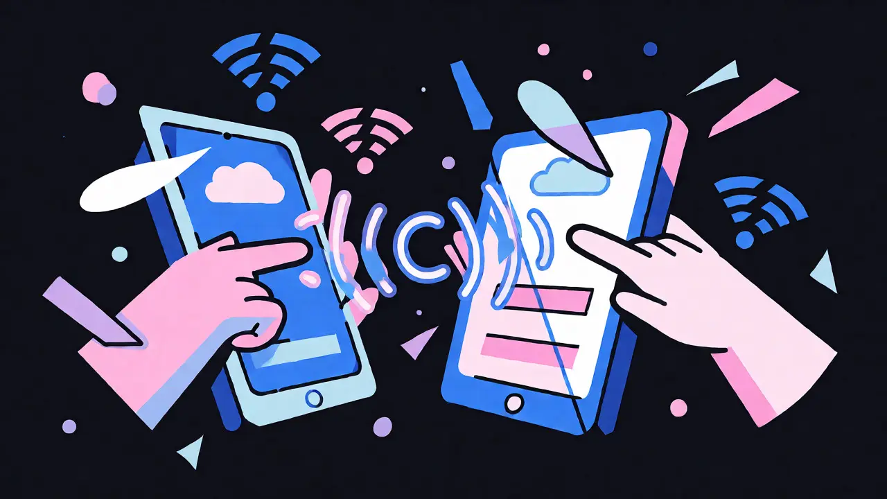 Two cartoon characters using NFC for offline payments in a Memphis design aesthetic, highlighting connectivity independence.