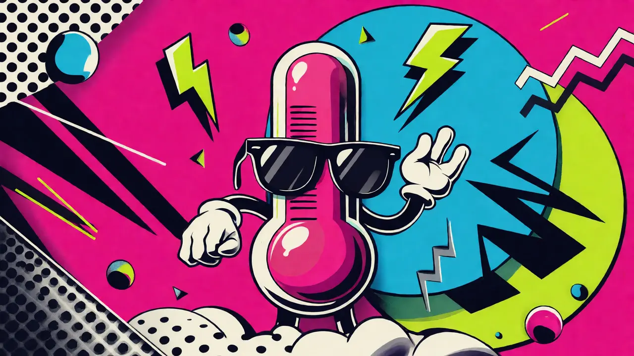 Vibrant Memphis illustration visualizing hash rate, temp, and power metrics.