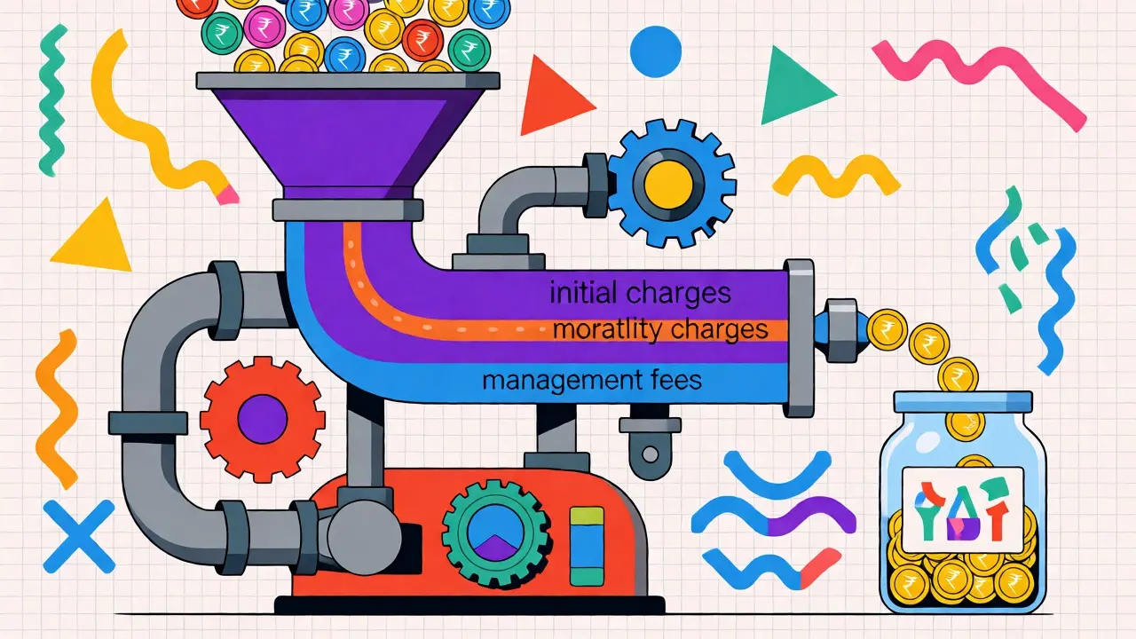 Whimsical machine diagram showing how ULIP premiums are deducted by various charges before investing.